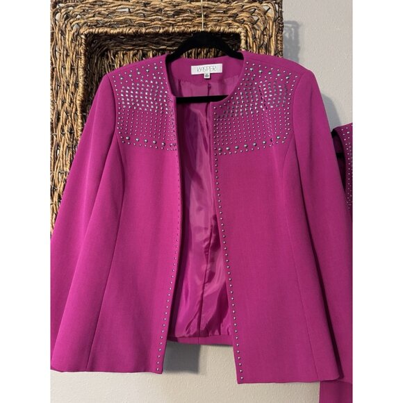 Kasper Dress & Jacket Blazer Suit Berry Pink 12 Silver Studded Neckline Stretch - Picture 8 of 15